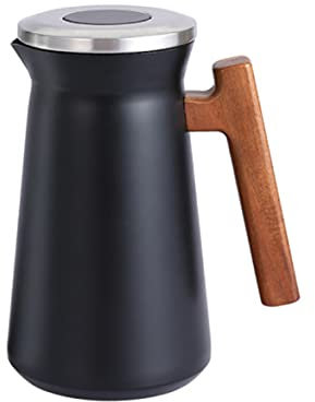 TSTSM Pichet Isotherme 1 Litre en Acier Inoxydable Thermos à café Double par rétention à la Chaleur de 12 à 24 Heures avec Manche en Bois Pichet en Acier Inoxydable pour café, thé,-Black