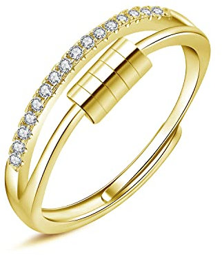 Hasnsofie Anxiety Ring Silber Damen, 925 Sterling Silber Angst Ringe, Gold Einstellbar Zirkonia Angst Spinning Ringe, Verstellbar Fidget Spinner Ring Anti Stress Ring Stimmungsring Dekompressionsring