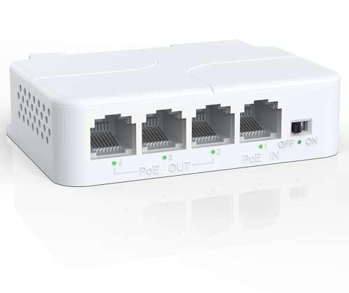 YuanLey 4 Port PoE Extender with 3 PoE Ausgängen, IEEE 802.3af/at Mini 4 Kanal PoE Repeater 100Mbps, Wand und DIN-Schiene Montieren Passthrough POE Verstärker/Booster, Plug and Play