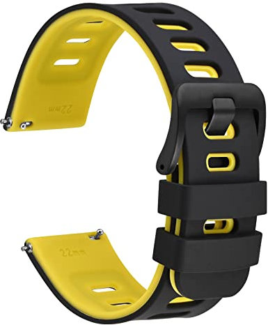 WOCCI 22mm Bicolore Bracelet Montre, Caoutchouc Silicone, Libération Rapide, Bande de Remplacement pour Hommes et Femmes, Boucle Noir (Noir-Jaune)