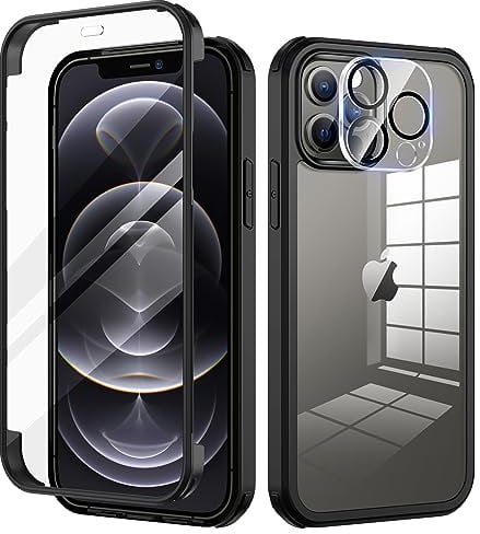 seacosmo Kompatibel für iPhone 12 Pro Hülle mit eingebautem Panzerglas Displayschutz und Kamera Schutzfolie [9H HD], 360 Grad Case Ganzkörper Stoßfeste Handyhülle iPhone 12 Pro - Schwarz