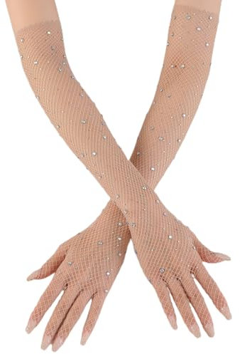 1 Paar Lange Netzhandschuhe für Damen,Glitzer Strass Lange Handschuhe Fischnetz Handschuhe,Vintage Abendhandschuhe Operahandschuhe,für Hochzeit Halloween Maskerade Cosplay,Beige