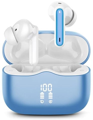 Wireless Earbuds, Bluetooth Headphones Bluetooth 5.3 Earphones, 2023 Bluetooth Headphones with 13mm Drivers, IP7 Waterproof Ear buds Wireless Earbuds, 36H Playtime, LED Display, Ultra Light, Lake Blue