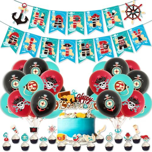 MiaLover Piraten Dekorationen Set Geburtstag Piraten-Thema-Party-Kit Happy Birthday Banner Ballons Piraten-Thema Cupcake Kuchen Topper für Kinder Jungen Erwachsene Geburtstag