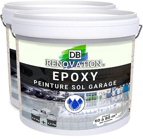 DB Rénovation Peinture Résine Epoxy sol béton Garage, parking - Gris clair 9KG Prêt à l'emploi - Trafic intense - Etanche