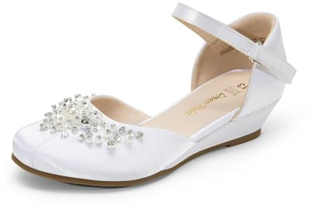 DREAM PAIRS Mädchen Prinzessin Schuhe Schulschuhe Flache Schuhe Kleiderschuhe Absätze niedrige Keilpumps mit Perlen und Strasssteinen,Size 33.5,Weiss,SDFL2414K