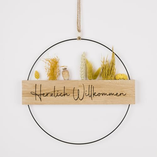 Trockenblumenkranz - Türkranz Herzlich Willkommen - Türkranz Trockenblumen - Türkranz personalisiert - Willkommensschild - (Trockenblumen Senfgelb)