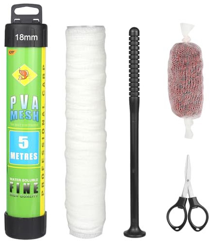 Annyswit 5m PVA Netz Angeln Set mit Schere & Trichter & Stößel System 18/25 / 37 mm Beutel Angeln PVA Mesh Karpfen Zubehör Bags für Boilie Feste Köder Futter
