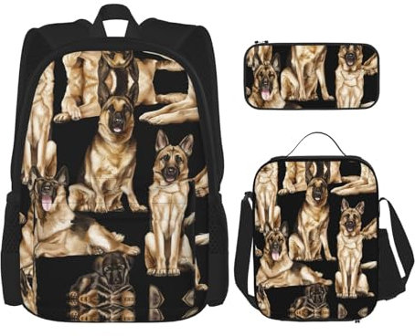 MDATT Mochila Kawaii con lonchera 3 en 1, estuche para lápices, combo a juego, perro pastor alemán, Perro pastor alemán, Talla única
