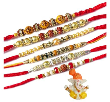BRACOP® Rakhi mit Ganesha-Statue, indische Götterfigur, Armband-Rakhi, mehrfarbiges Fadenset mit 10 Strängen, Raksha Bandhan-Armbänder, Rakhi-Perlen, dekorative Statue der hinduistischen Göttin
