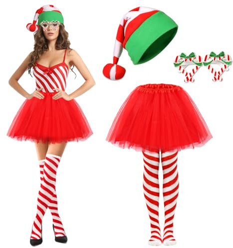 4 Stück Zuckerstangen Kostüm Damen: Weihnachtsmützen, Weihnachtsbrillen, Tüllrock, Rot-Weiß Gestreifte Kniestrümpfe für Weihnachten, Karneval & Cosplay Party