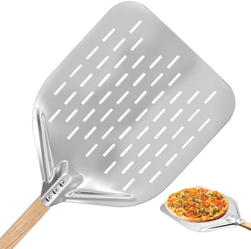 WYYFXY® Pizzaschieber Perforiert Pizzaschaufel Groß 40 × 30cm mit 38cm Abnehmbaren Holzgriff, 12 Zoll Pizza Schieber Leichten Gleiten auf Pizzastein