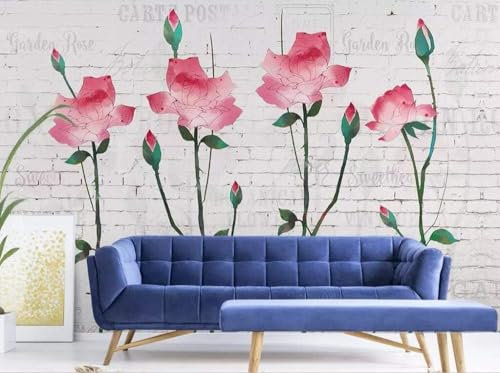 Tzxztt Fleurs Roses Mur De Briques Blanches Papier Peint 3d Moderne En Soie GaufréE MatéRiau IdéAl Pour Le Salon Et La Chambre à Coucher-150cm×105cm