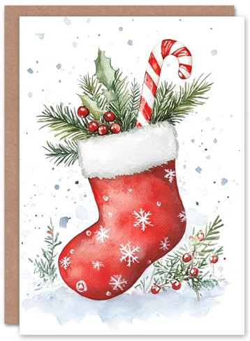 Artery8 Stocking With Candy Cane Holly Blank For Him Or Her Art Xmas Festive Christmas Card