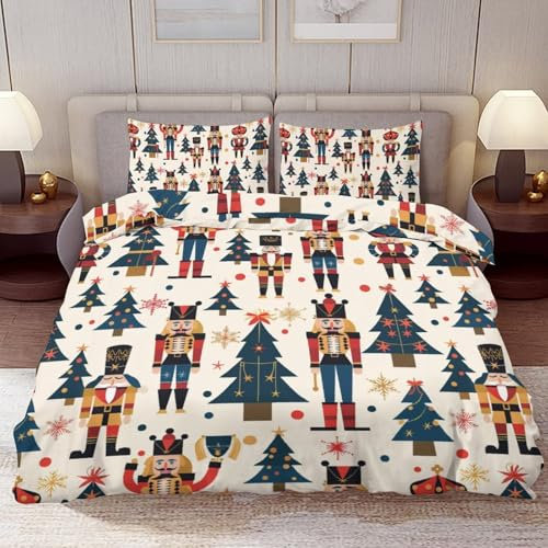 Delerain Bettdecken-Set Queen-Size-Größe, Nussknacker-Weihnachtsbaum, 3-teiliges Bettwäsche-Set für Damen und Herren, moderne weiche Mikrofaser, Schlafzimmer-Set, Raumdekoration, 1 Bettbezug + 2