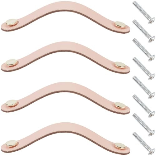 GORGECRAFT 4 Lot de Poignées de Tiroir en Cuir Véritable de 16.8cm pour Armoire Commode Poignée Décorative Faite à la Main Douce pour Porte de Cuisine Armoire avec Vis pour Meubles (Rose)