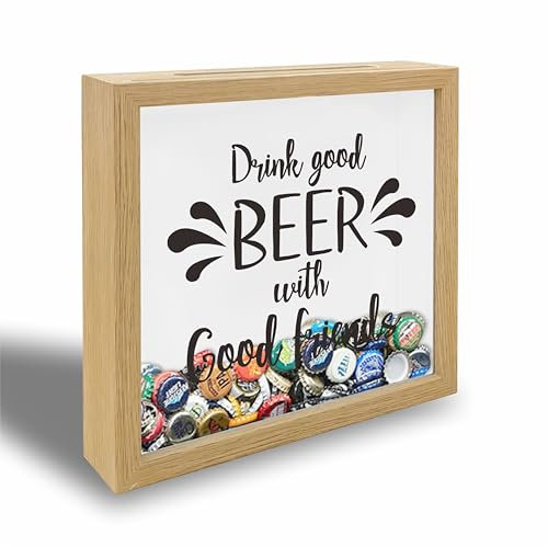 8x8 Shadow Box Frame - Decorative Wooden Cases With Slot For Saving Wine Beer Bottle Caps - Memorable Display Decoration Case For Adults Beer Lovers - Drink Good Beer With Good Friends - A08