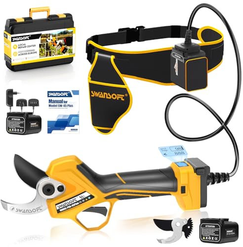 【3-Tocchi-Cambio,Versione Top Performante】SWANSOFT PRU45-PLUS Forbice Potatura a Batteria,45mm 4+4Ah Cesoie a Batteria Forbice Elettrica per Potatura Forbici Potatura a Batteria Professionali, YELLOW