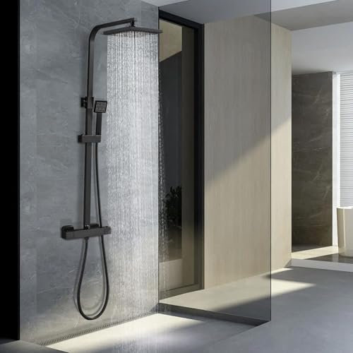 STANEW Columna de ducha termostática, acero inoxidable, ducha flexible de ABS, altura ajustable, color negro
