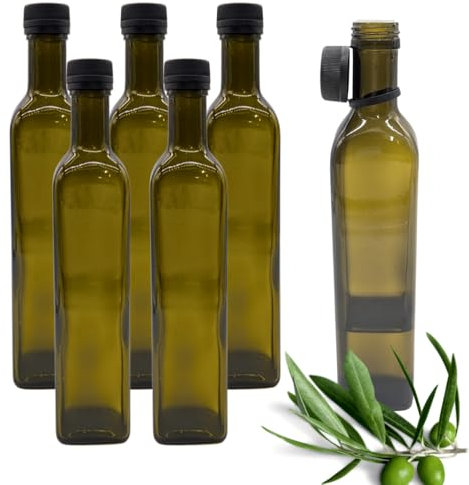 Lot de 6 bouteilles d'huile de 250 ml avec bec verseur, vert/marron, avec doseur et étiquettes