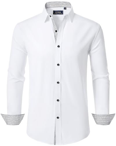 J.VER Hemd Herren Stretch Freizeithemden Langarm Comfort Fit Businesshemd Männer Pflegeleicht Bügelleichtes Hemden Modisches Musterhemd,Weiß,L