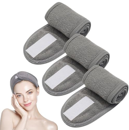 3 Stück Mikrofaser Kosmetik Stirnband, 60 X 8.5 cm Kosmetik Haarband mit Klettverschluss, Frottee Haarschutzband, Spa Kosmetik Stirnband Frottee Haarband, für Gesicht, Sport, Yoga, Spa (Grau)