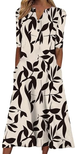 Boho Dresses for Women UK Clearance Italian Short Sleeve Button V Neck Dress with Pocket Ladies Floral Casual Sundress Elegant Swing Midi Dress Loose Pullover Lounge Dresses Beach Holiday Sundress