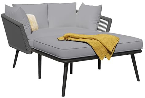 Gartensofa mit Rückenlehne und Armlehnen aus handgeflochtenem Seil, Sonnenliege für Terrasse Balkon Innenhof, Lounge Sofa mit abnehmbaren Kissen, Stahlrahmen UV-beständig,Outdoor Relax Liege (Grau)