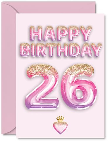 26th Birthday Cards for Women and Men, Pink & Purple Glitter Balloons | Happy Birthday Card for 26 Year Old Man Woman Niece Uncle Auntie Son, A5 Bday Greeting Cards