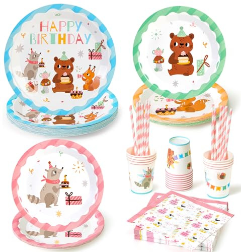 Set Vaisselle Jetable Animaux de la Forêt Anniversaire Enfant, Assiettes Plates Serviettes Gobelets Pailles Décoration Anniversaire Thème Forêt Écureuil Fille Garçon Multicolore 12 Personnes