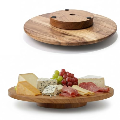 LS-LebenStil XL Holz Drehplatte 37cm FSC Akazie | drehbar | Servierplatte | Premium Drehteller mit Kugellager | Drehtablett für Torten & Kuchen | Servierteller Serviertablett Vesperbrett Käsebrett
