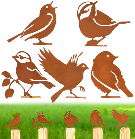 Jerhyun 5er Set Deko Vogel Rost, Edelrost Vögel Baumstecker, Rust | Vogel Deko Rost Wetterfeste Frühlingsdekorationen für Gärten, Baumstümpfe oder Zäune