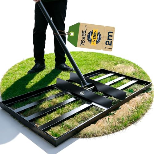 Warmfay Lawn Leveling Rake 75x25 CM incl. 2M Adjustable Metal Handle with Threaded Screw System, Effort Saving & Robust Levelawn Tool for Yard, Garden, Golf Course, Ease Level Soil Sand Dirt Surfaces