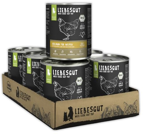 Liebesgut Bio Hundefutter Nass Bio-Huhn mit Bio-Apfel und Bio-Buchweizen, extra viel Fleisch, 6x800g, produziert in Bayern