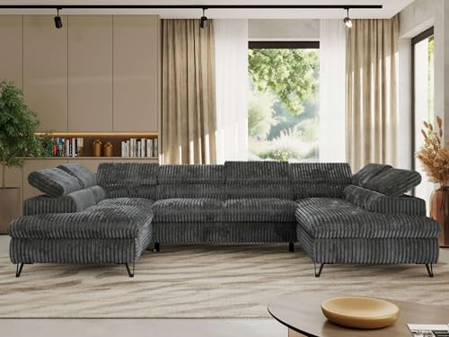MKS MEBLE Sofa U-Form Schwarz, Wohnlandschaft, Sofa mit Schlaffunktion und Bettkasten, Schlafsofa mit Bettkasten, Couch mit Verstellbare Kopfstützen - Pablo U - Cord - Grau - mit T25 Topper