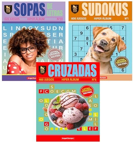 Pasatiempos Angel Europa, Mega Pack - Libros de 320 Páginas - Letra Grande - Elige tu Pack de Sudokus, Sopas de Letras o Cruzadas Envío Gratis (Pack de 3 Variado)