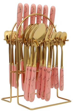 DunleyMin 24 Pieces Stainless Steel Dinner Cutlery Set with Stand, Knife Fork Spoon Hanging Flatware Set Mirror Polished Tableware Set for Family, Restaurants, Hotels (Gold+Pink)