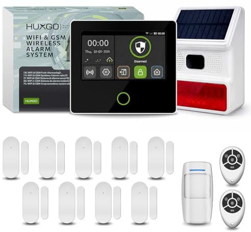 HUXGO® HXA502 Kabellose Alarmsystem WiFi + GSM 4G mit aussen Solar Sirene | Alarmanlage Haus mit 1x PIR-Bewegungsmelder, 9X Fensteralarm/Türsensoren | Mit Tuya App | Smart Home Security