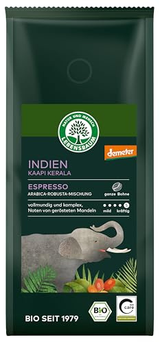 LEBENSBAUM Bio Espresso Bohnen Indien Kaapi Kerala, ganze Espressobohnen, Arabica-Robusta-Mischung, Intensität 5/5, kräftig-intensiver Genuss, 250 g