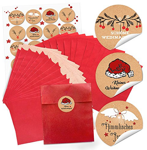 Logbuch-Verlag 10 kleine rote Papiertüten 13 x 18 cm + 24 Weihnachtsaufkleber rund mit Text 4 cm braun rot - Mini Weinhnachtstüten Geschenktüten zum Befüllen