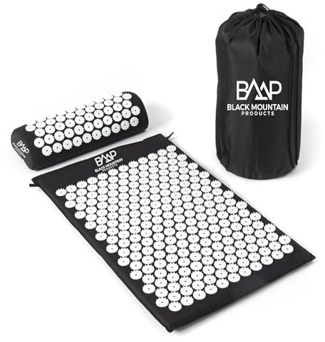 Black Mountain Products Akupressurmatte mit Kissen und Tragetasche, Akupunkturmatte für Trigger Pt. Massagetherapie, Schwarz