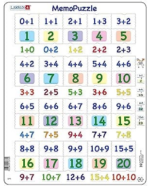Larsen GP3 MemoPuzzle I Mathe Puzzle ab 8 Jahren I Addition der Zahlen 0-20 I Kinderpuzzle mit 40 Teilen I Mit Rahmenpuzzle spielerisch Mathe Lernen