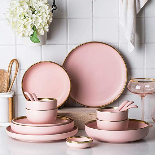 XCXDX 20 Piezas De Vajilla Rosa Dorada Romántica, Vajilla De Cerámica para El Hogar, Porcelana De Color Sólido Simple, Regalos De Inauguración