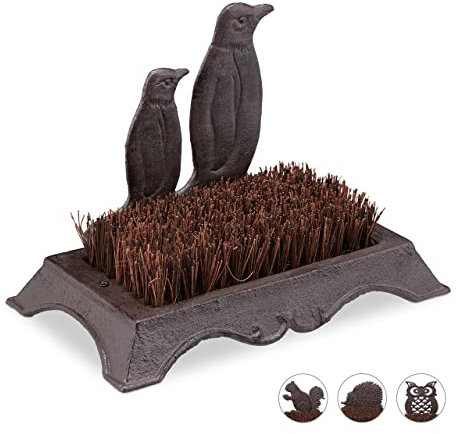 Relaxdays Cast Iron Shoe Brush, Hard Bristles, Antique, Outdoor Boot Scraper, Penguin Design, Brown, 17 x 24 x 14cm