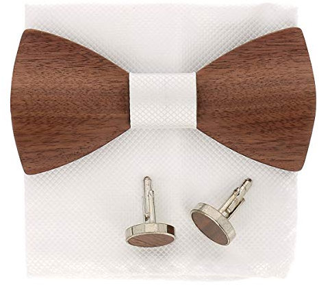 SHIPITNOW Dunkle Hölzfliege und Manschettenknöpfe Herren Holz - Einstecktuch Weiß - In einer Box verkauft - Herren Fliege Holz Weiß