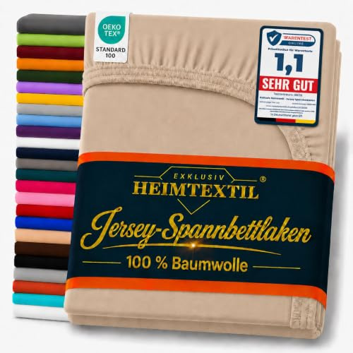 EXKLUSIV HEIMTEXTIL Jersey Spannbettlaken Premium 200 x 220 cm Sand | 100% Baumwolle - 140 gsm - Oeko - Tex Zertifiziert - Steghöhe 40 cm - geeignet für Matratzenhöhe 35 cm
