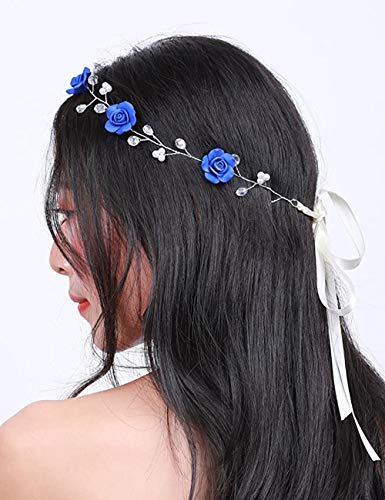BERYUAN Women Floral Headband Blue Rose Hair Vine Navy Wedding Hair Accessory Gift for Her Party Headress for Bride Bridesmaid Girls