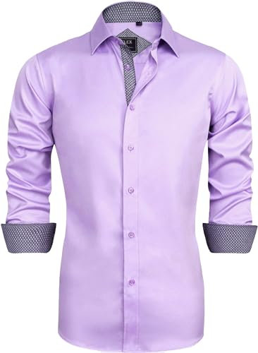 J.VER Herren Hemd Regular Fit Langarm Herrenhemden Freizeithemd Regular Businesshemd Elastiscer Musterhemd,Rosa Lila,XL