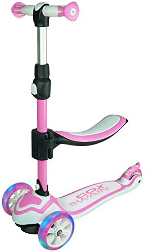 Cox Swain 2in1 Kinder Scooter TRIKY mit Leuchtrollen und Sitz, Color: Pink