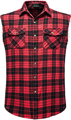 Iris Sprite Chemise décontractée à Carreaux sans Manches en Flanelle boutonnée pour Homme, Coupe Ample avec Poche, Plaid Rouge -A210, L